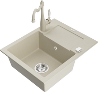 Mexen Enzo chiuvetă din granit cu 1 compartiment, scurgător și baterie de bucătărie Carla, bej - 6506-69-670700-69