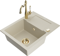 Mexen Enzo egymedencés gránit mosogató csepptálcával és Carla konyhai csappal, bézs - 6506-69-670700-50