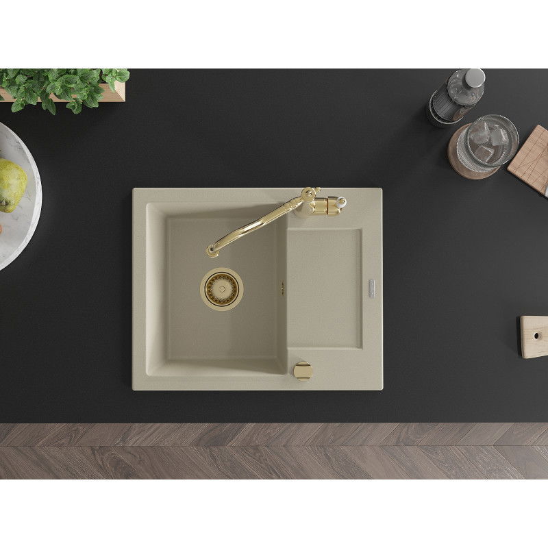 Mexen Enzo egymedencés gránit mosogató csepptálcával és Carla konyhai csappal, bézs - 6506-69-670700-50