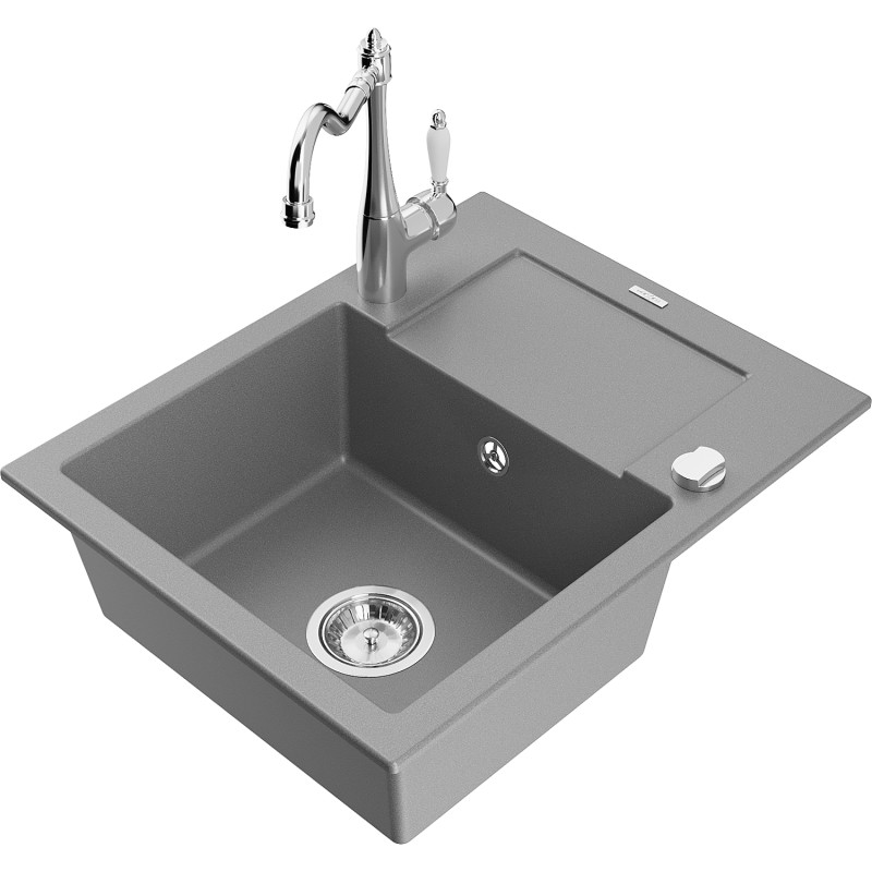 Mexen Enzo chiuvetă de granit cu 1 compartiment cu scurgător și baterie de bucătărie Carla, gri - 6506-71-670700-00