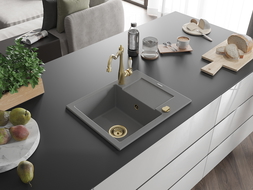 Mexen Enzo chiuvetă din granit cu 1 compartiment, cu picurător și baterie de bucătărie Carla, gri - 6506-71-670700-50