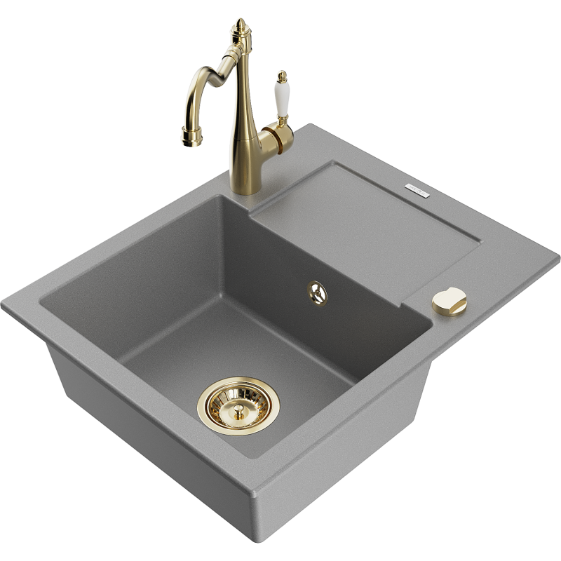 Mexen Enzo chiuvetă din granit cu 1 compartiment, cu picurător și baterie de bucătărie Carla, gri - 6506-71-670700-50