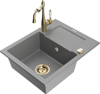 Mexen Enzo chiuvetă din granit cu 1 compartiment, cu picurător și baterie de bucătărie Carla, gri - 6506-71-670700-50