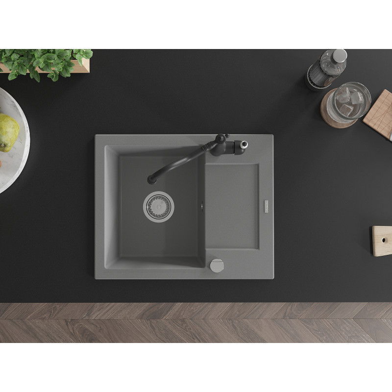 Mexen Enzo 1 tálcás gránit mosogató csepegtetővel és Carla konyhai csappal, szürke - 6506-71-670700-70