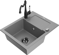 Mexen Enzo egymedencés gránit mosogató csepegtetővel és Carla konyhai csapteleppel, szürke - 6506-71-670700-70-B