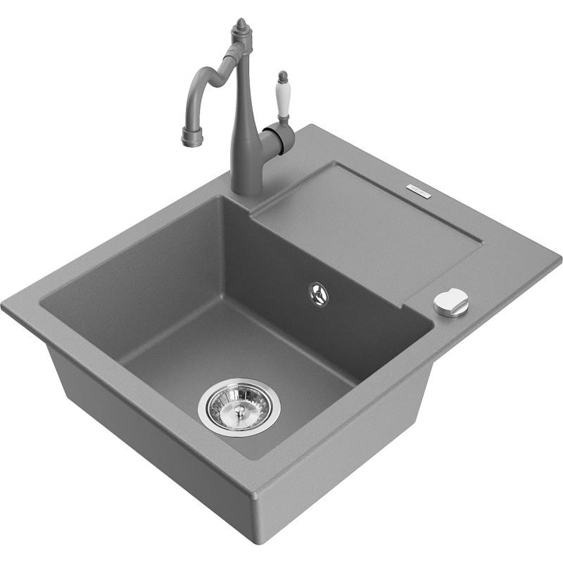 Mexen Enzo chiuvetă din granit cu o cuvă, cu scurgător și baterie de bucătărie Carla, gri - 6506-71-670700-71