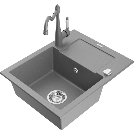 Mexen Enzo chiuvetă din granit cu o cuvă, cu scurgător și baterie de bucătărie Carla, gri - 6506-71-670700-71