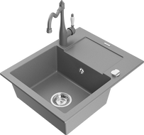Mexen Enzo chiuvetă din granit cu o cuvă, cu scurgător și baterie de bucătărie Carla, gri - 6506-71-670700-71