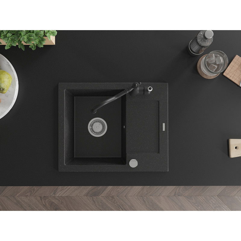 Mexen Enzo egykamrás gránit mosogató csepegtető tálcával és Carla konyhai csapteleppel, fekete/ezüst metál - 6506-73-670700-70