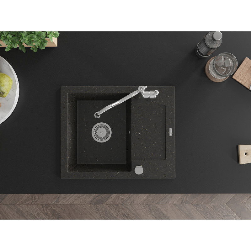 Mexen Enzo 1-medencés gránit mosogatócsepegtetővel és Carla konyhai csapteleppel, fekete/arany metál - 6506-75-670700-00