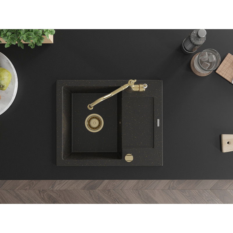 Mexen Enzo 1-medencés gránit mosogató csepegtetővel és Carla konyhai csapteleppel, fekete/arany metál - 6506-75-670700-50