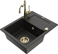Mexen Enzo chiuvetă de granit cu 1 compartiment cu scurgător și baterie de bucătărie Carla, negru/auriu metalic