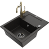 Mexen Enzo 1 rekeszes, csepptálcás gránit mosogató Carla konyhai csappal, fekete/arany metál - 6506-75-670700-50-B