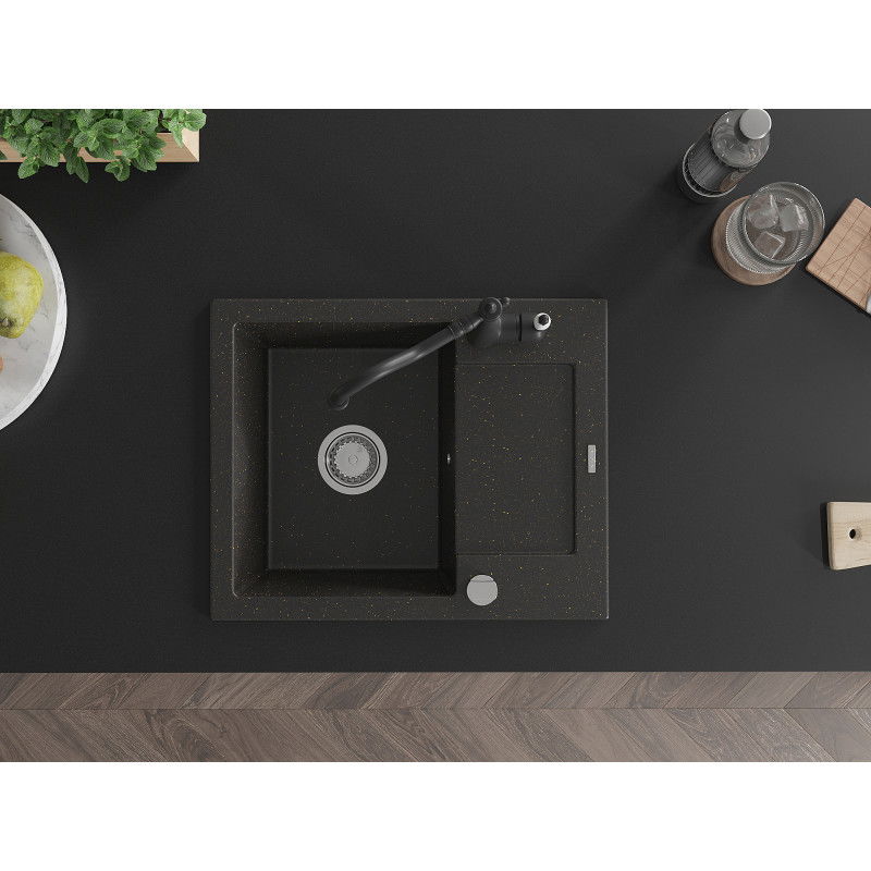 Mexen Enzo gránit mosogató 1-medencés csepegtetővel és Carla konyhai csapteleppel, fekete/arany metál - 6506-75-670700-70