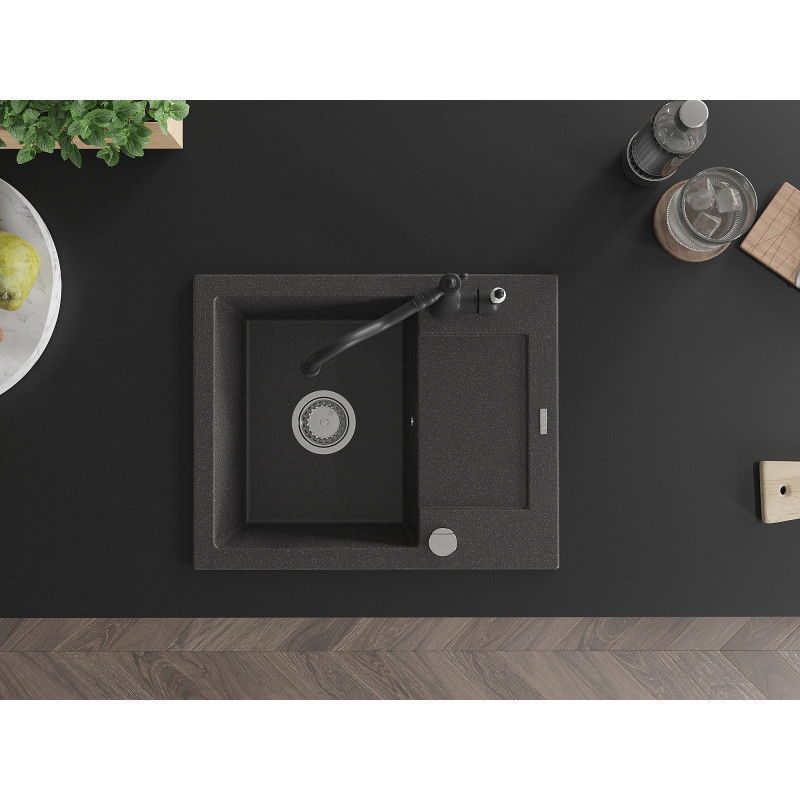 Mexen Enzo chiuvetă de granit cu 1 compartiment și scurgător, robinet de bucătărie Carla, negru cu pete - 6506-76-670700-70