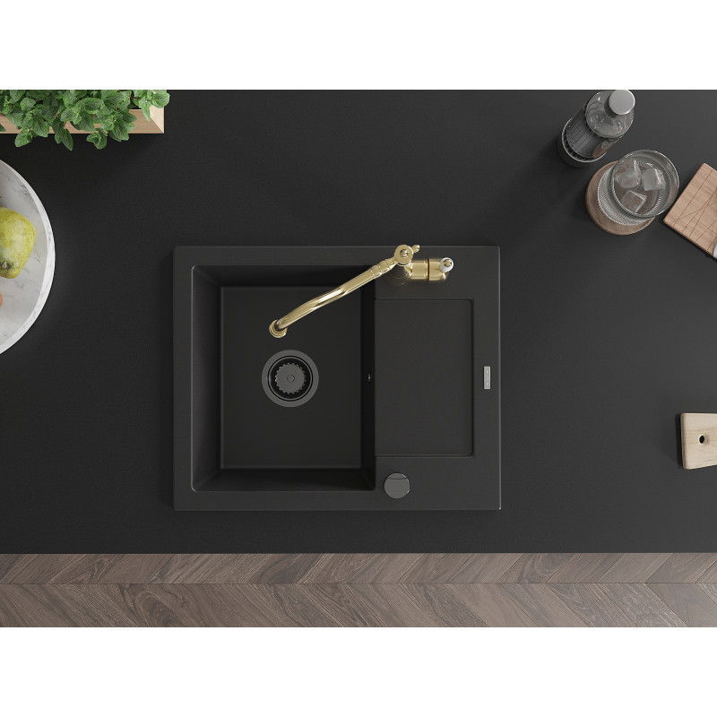 Mexen Enzo chiuvetă de granit cu 1 compartiment, cu scurgător și robinet de bucătărie Carla, negru - 6506-77-670700-50-B