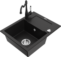 Mexen Enzo 1 rekeszes gránit mosogató lefolyóval és Carla konyhai csappal, fekete - 6506-77-670700-70