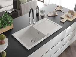 Mexen Leo chiuvetă de granit 1-cameră cu picurător și baterie de bucătărie Aster, alb - 6501-20-73450-07