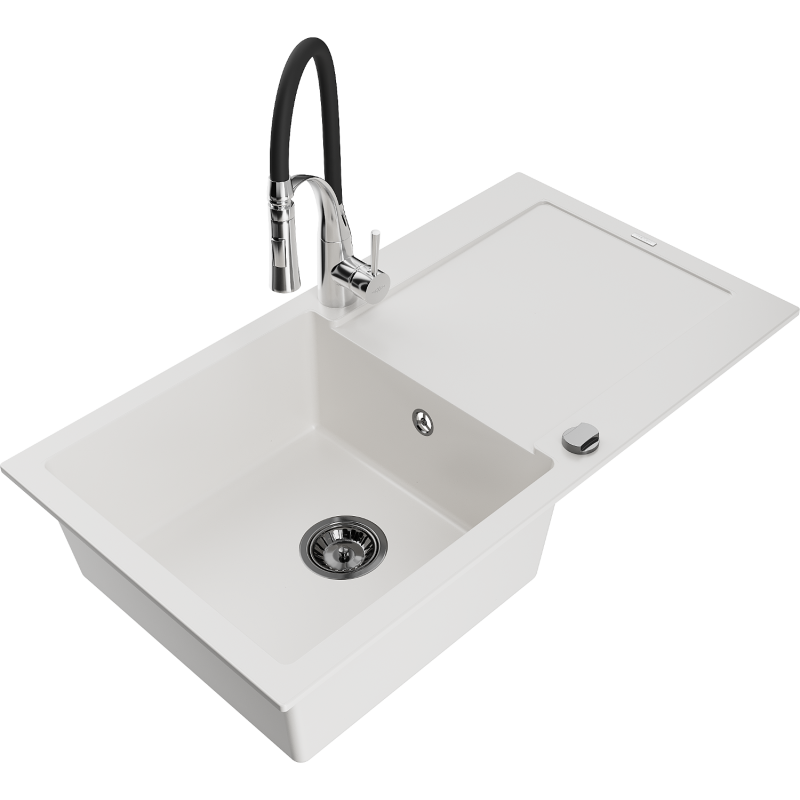 Mexen Leo egykamrás gránit mosogató csepegtetővel és Aster konyhai csapteleppel, fehér - 6501-20-73450-07-B