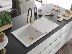 Mexen Leo 1-medencés gránit mosogató lefolyóval és Aster konyhai csapteleppel, fehér - 6501-20-73450-57-G