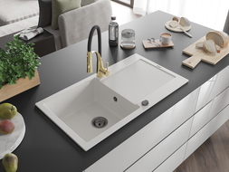 Mexen Leo chiuvetă de bucătărie din granit cu 1 compartiment, cu scurgător și baterie Aster, alb - 6501-20-73450-57-B