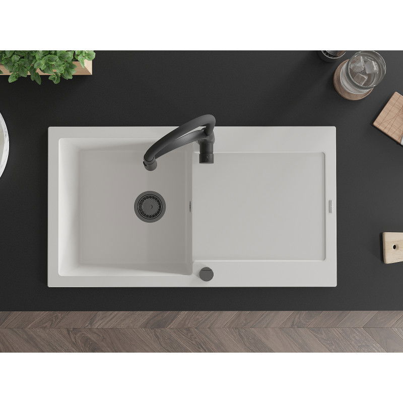 Mexen Leo chiuvetă granit 1-camerală cu picurător și baterie de bucătărie Aster, alb - 6501-20-73450-70-B