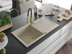 Mexen Leo chiuvetă de granit cu 1 compartiment, cu scurgător și baterie de bucătărie Aster, bej - 6501-69-73450-57-G