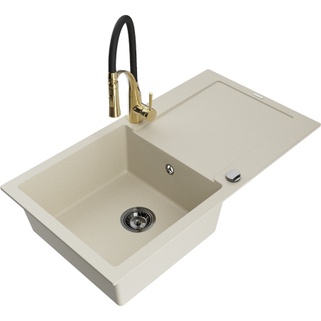 Mexen Leo chiuvetă de granit cu o cuvă și cu scurgător și baterie de bucătărie Aster, bej - 6501-69-73450-57-B