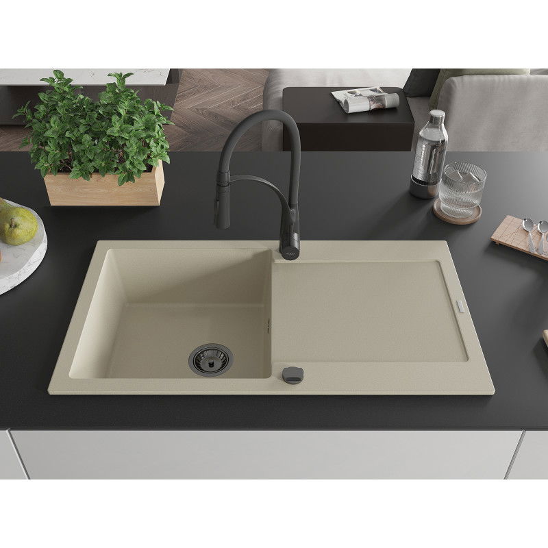 Mexen Leo chiuvetă de granit cu 1 cameră și scurgător și baterie de bucătărie Aster, bej - 6501-69-73450-70-B