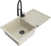 Mexen Leo egymedencés gránit mosogatócsepegtetővel és Aster konyhai csapteleppel, bézs - 6501-69-73450-70-B