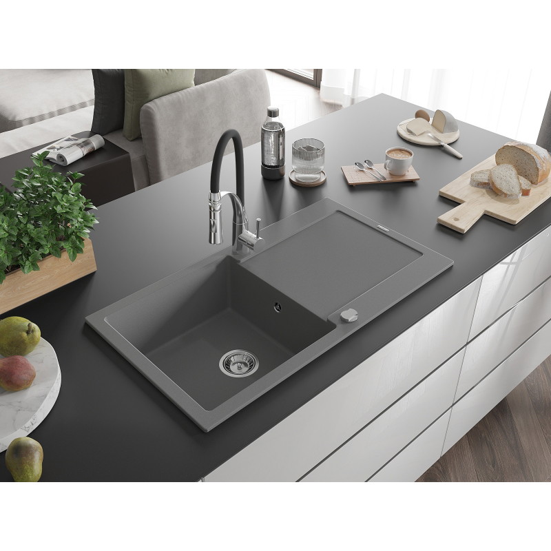 Mexen Leo chiuvetă de granit cu 1 cuvă cu scurgător și baterie de bucătărie Aster, gri - 6501-71-73450-07