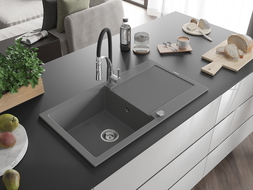 Mexen Leo chiuvetă de granit cu un compartiment, cu picurător și baterie de bucătărie Aster, gri - 6501-71-73450-07