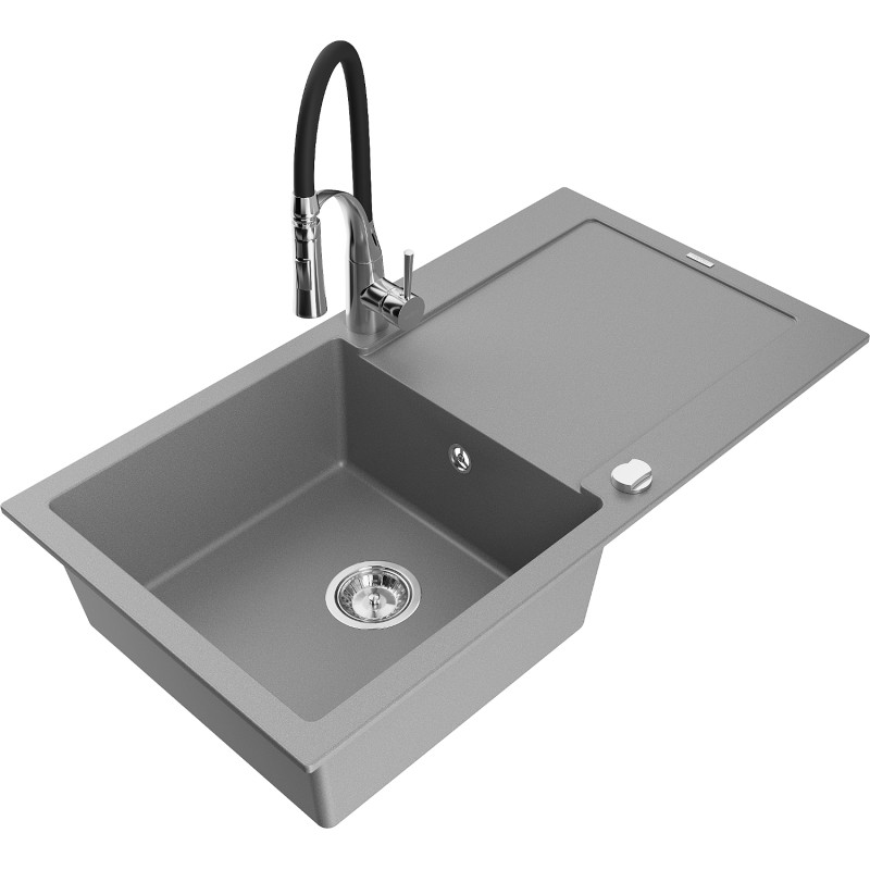 Mexen Leo chiuvetă de granit cu 1 compartiment, cu scurgător și baterie de bucătărie Aster, gri - 6501-71-73450-07