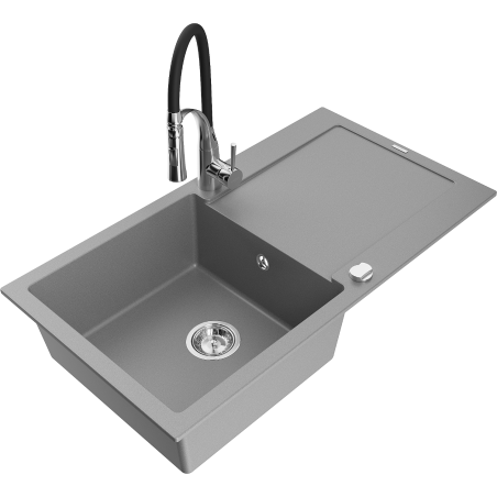 Mexen Leo chiuvetă granit 1-cameră cu scurgător și baterie de bucătărie Aster, gri - 6501-71-73450-07
