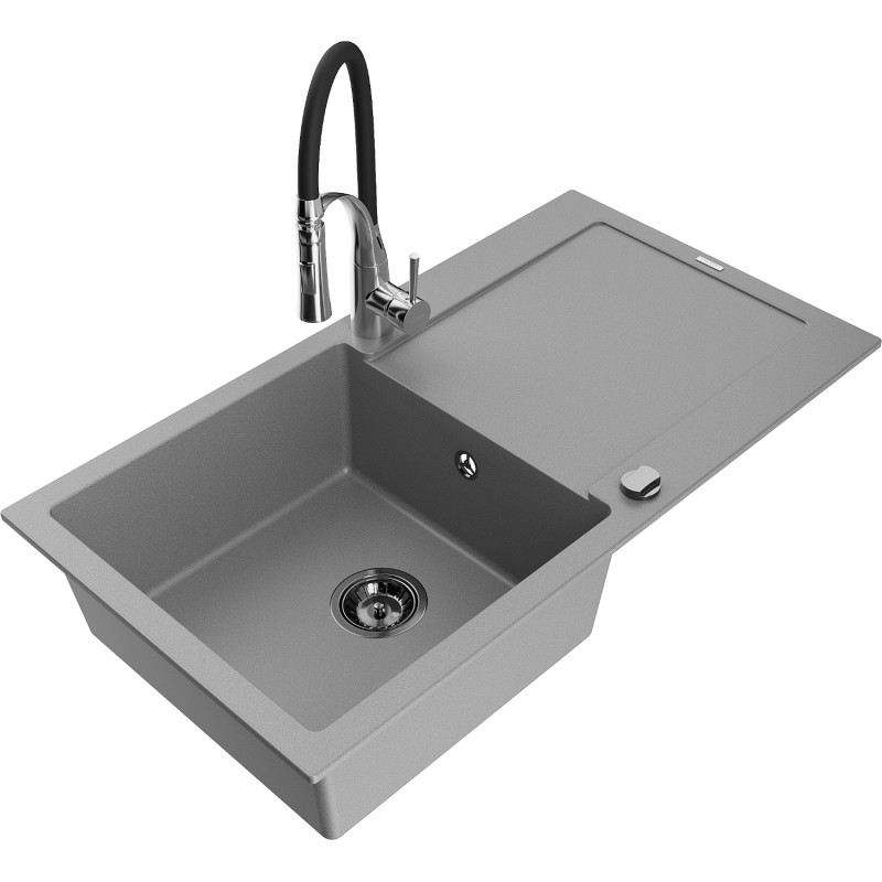 Mexen Leo chiuvetă de bucătărie din granit cu 1 compartiment cu picurător și baterie Aster, gri - 6501-71-73450-07-B