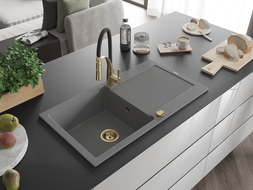 Mexen Leo chiuvetă de granit cu un compartiment, cu picurător și baterie de bucătărie Aster, gri - 6501-71-73450-57-G