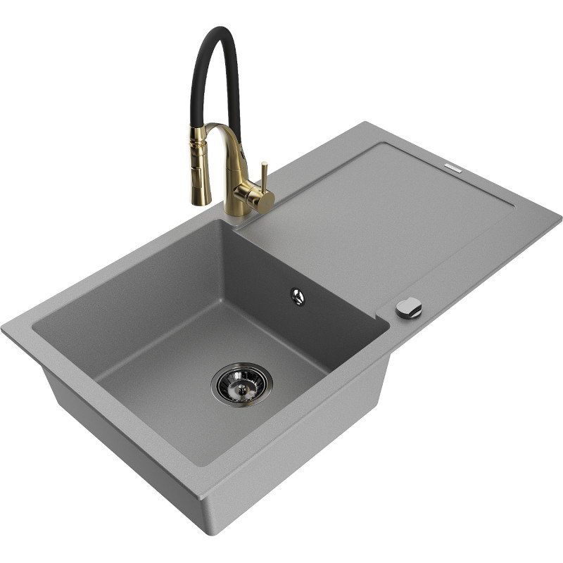 Mexen Leo chiuvetă de granit cu 1 cuvă cu scurgător și baterie de bucătărie Aster, gri - 6501-71-73450-57-B