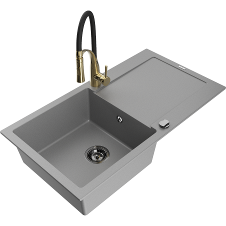 Mexen Leo egymedencés gránit mosogató csepegtetővel és Aster konyhai csappal, szürke - 6501-71-73450-57-B