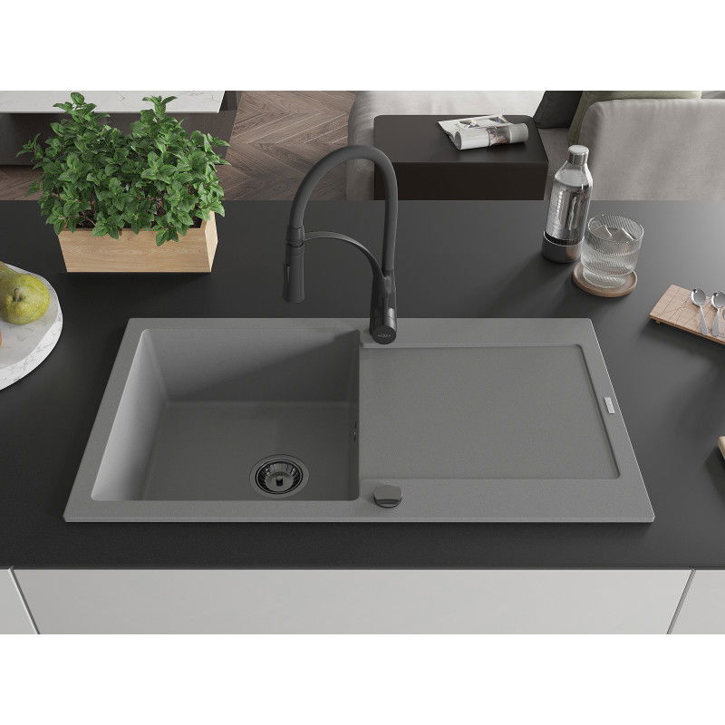 Mexen Leo chiuvetă de granit cu 1 cameră cu scurgător și baterie de bucătărie Aster, gri - 6501-71-73450-70-B