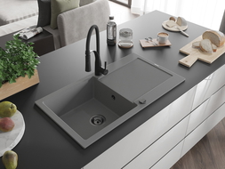 Mexen Leo 1 rekeszes gránit mosogatótálca csepegtető tálcával és Aster konyhai csappal, szürke - 6501-71-73450-70-B