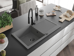 Mexen Leo chiuvetă de granit cu 1 cameră cu scurgător și baterie de bucătărie Aster, gri - 6501-71-73450-70-B