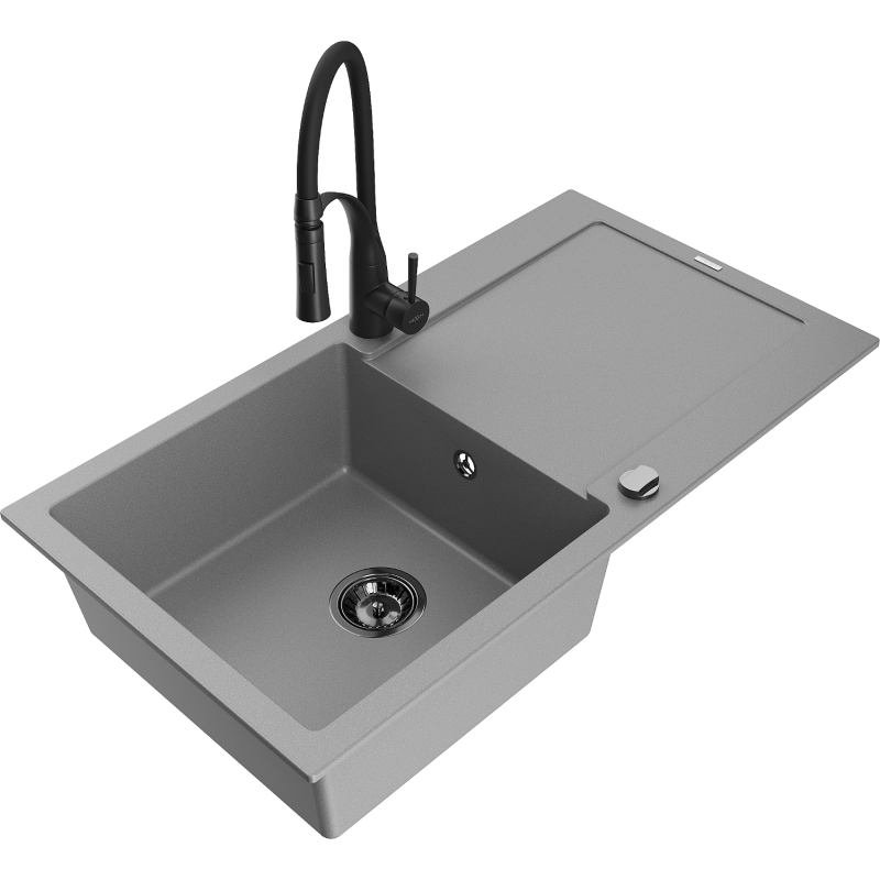Mexen Leo chiuvetă de granit cu 1 cameră cu scurgător și baterie de bucătărie Aster, gri - 6501-71-73450-70-B