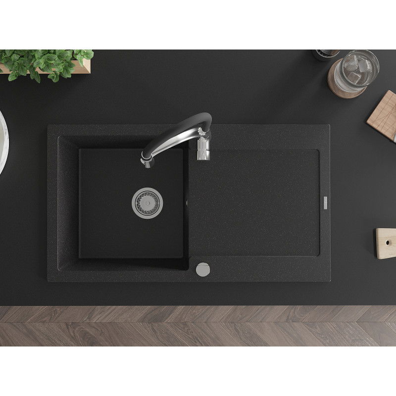 Mexen Leo egymedencés, csepegtetős gránit mosogató és Aster konyhai csaptelep, fekete/ezüst metál - 6501-73-73450-07