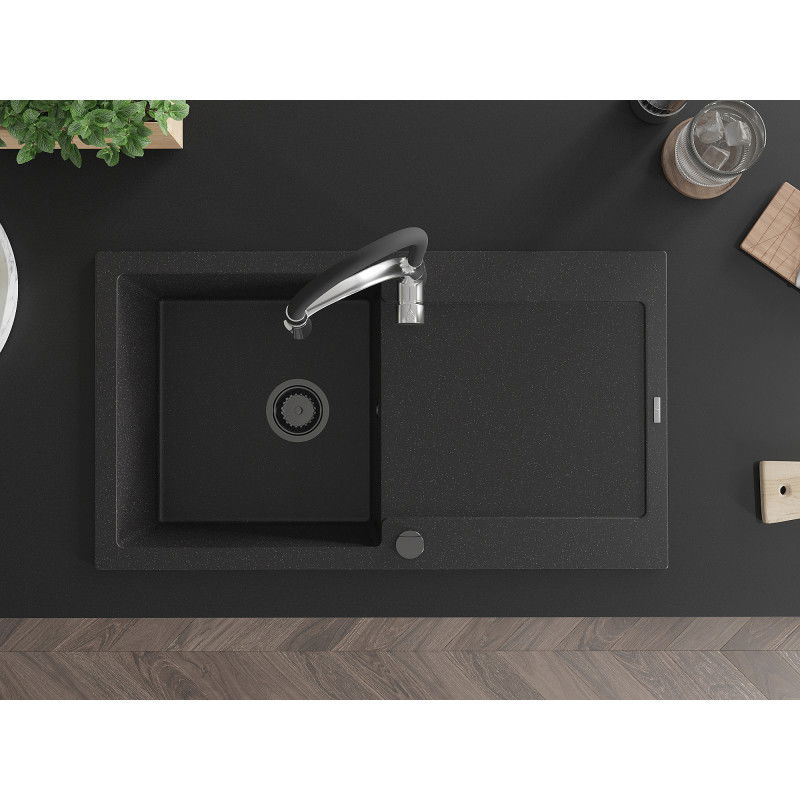 Mexen Leo 1-medencés gránit mosogató lefolyóval és Aster konyhai csappal, fekete/ezüst metál - 501-73-73450-07-B