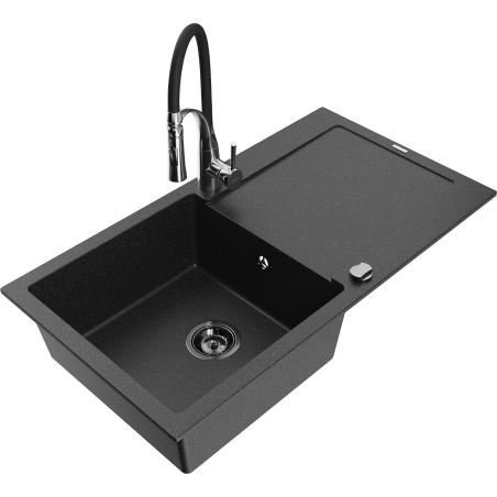 Mexen Leo chiuvetă de bucătărie din granit cu o singură cuvă cu picurător și baterie Aster, negru/argintiu metalizat