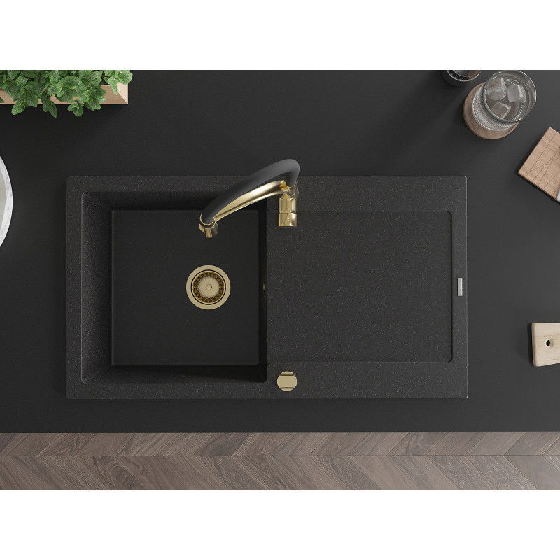 Mexen Leo chiuvetă de bucătărie din granit cu 1 compartiment, cu scurgător și baterie Aster, negru/argintiu metalic