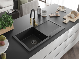 Mexen Leo chiuvetă de bucătărie granit 1-cameră cu scurgător și baterie Aster, negru/argintiu metalizat - 6501-73-73450-57-B