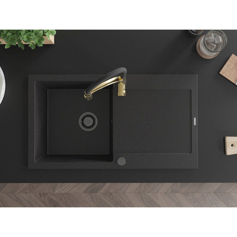 Mexen Leo chiuvetă de granit cu 1 compartiment, cu picurător și baterie de bucătărie Aster, negru/argintiu metalic
