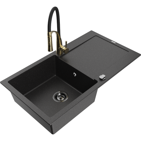 Mexen Leo chiuvetă de granit cu 1 compartiment, cu picurător și baterie de bucătărie Aster, negru/argintiu metalic