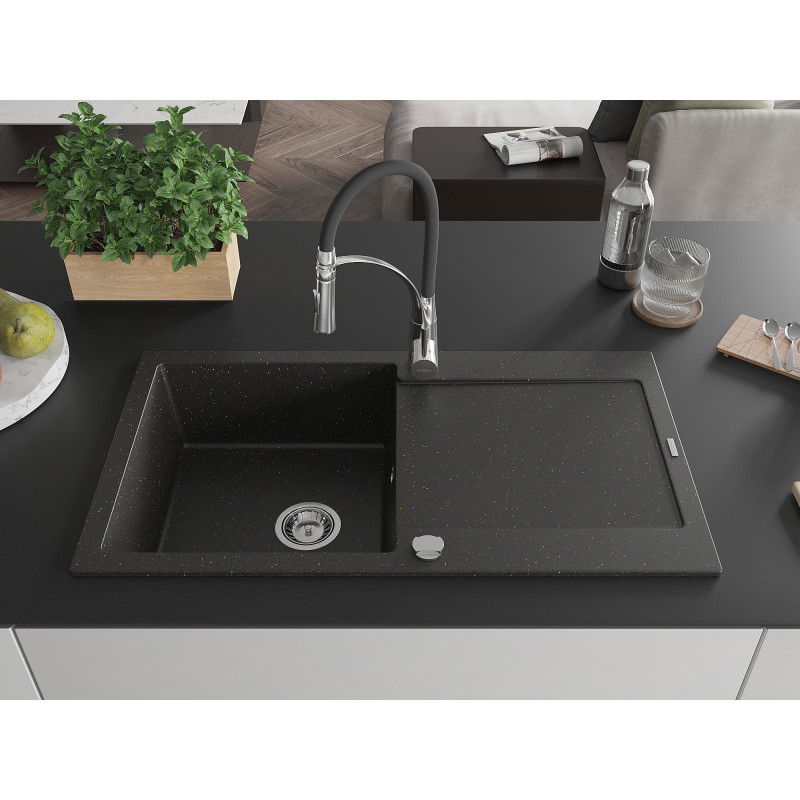 Mexen Leo gránit mosogató 1-medencés csepegtetővel és Aster konyhai csapteleppel, fekete/arany metál - 6501-75-73450-07